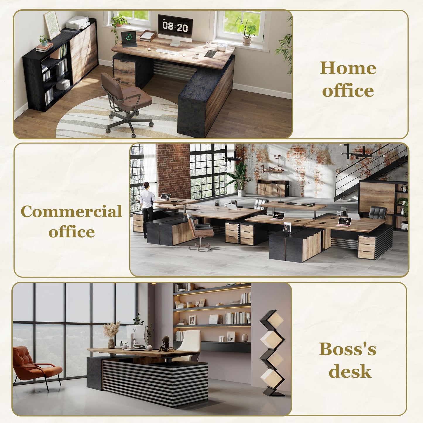 SAINTCY 86.61In L Shaped Executive Standing Desk with Drawers, Large Modern Adjustable Heigh Home Office Desk w/Universal Charging Ports, Business Workstation, Black and Warm Oak