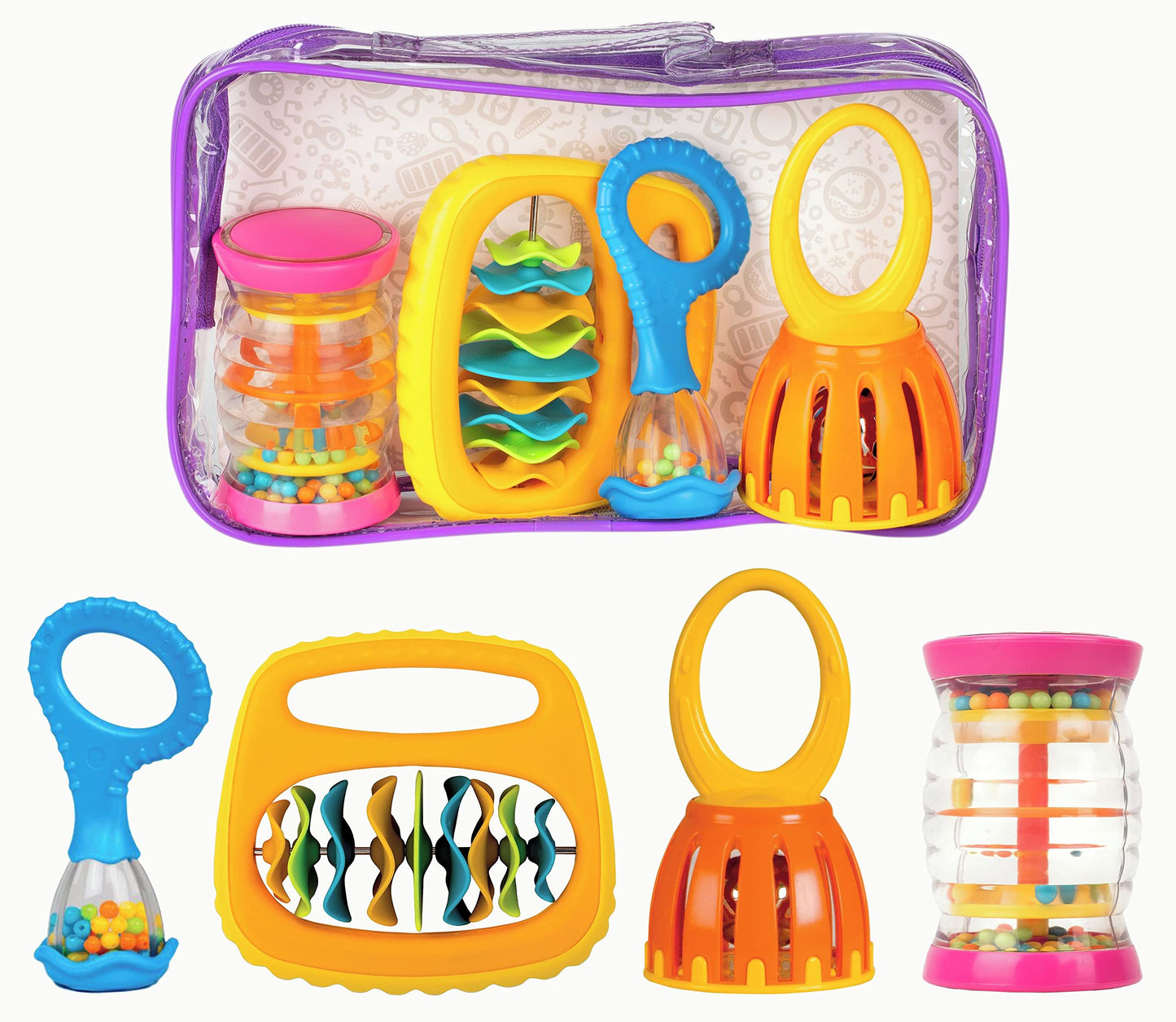 Halilit Baby Band Musical Instrument Gift Set. 4 Piece Babies Sensory Music Toy Set Includes Rain Maker, Clip Clap, Cage Bell, Baby Maraca & Clear Carry Case. Suitable for Baby Boys & Girls 6 month +