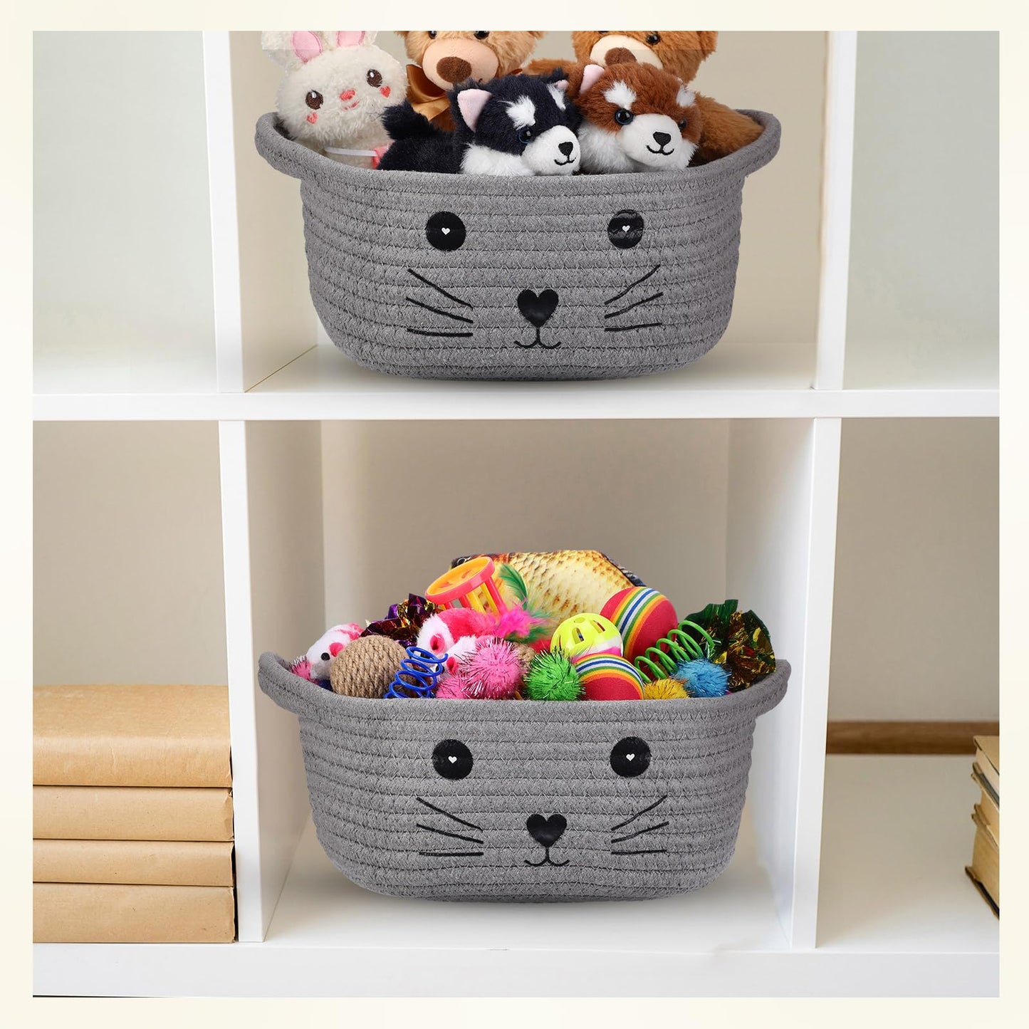 Zopeal 58 Pcs Mother’s Day Cat Storage Basket Gift Toys Set, Colorful Flashing Balls Pet Bell Crinkle Balls Spring Toys Attract Cat to Swat, Hunt, Interactive for Pet(Grey,9.8 Inch)
