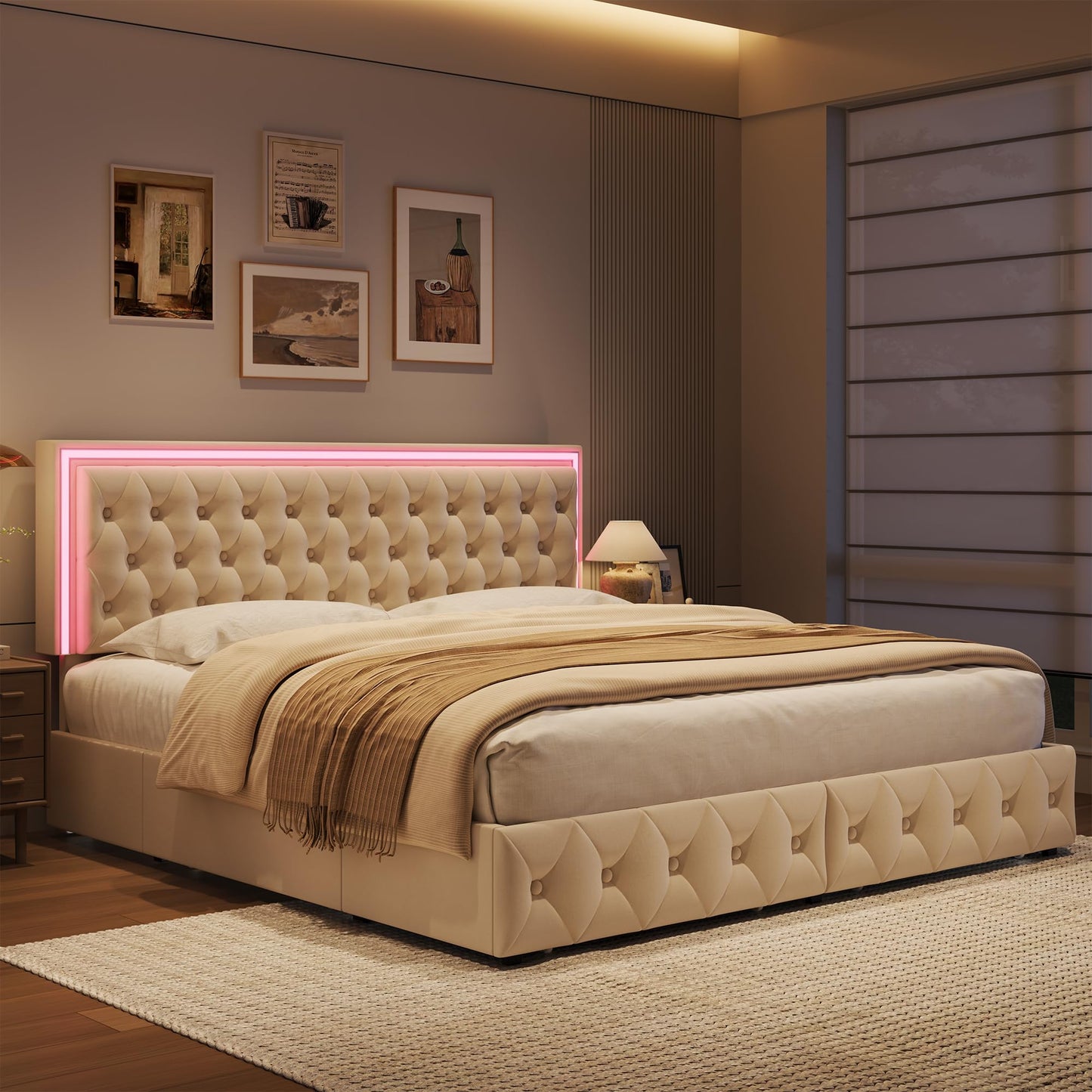 Keyluv Full Size LED Bed Frame with 4 Storage Drawers and Adjustable Headboard, Velvet Upholstered Button Tufted Modern Platform Bed, Solid Wooden Slats Support, Easy Assembly, Beige