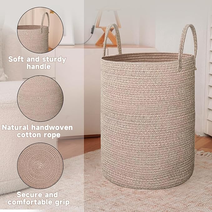 Large Woven Laundry Basket Hamper, 80L Cotton Rope Storage Bin