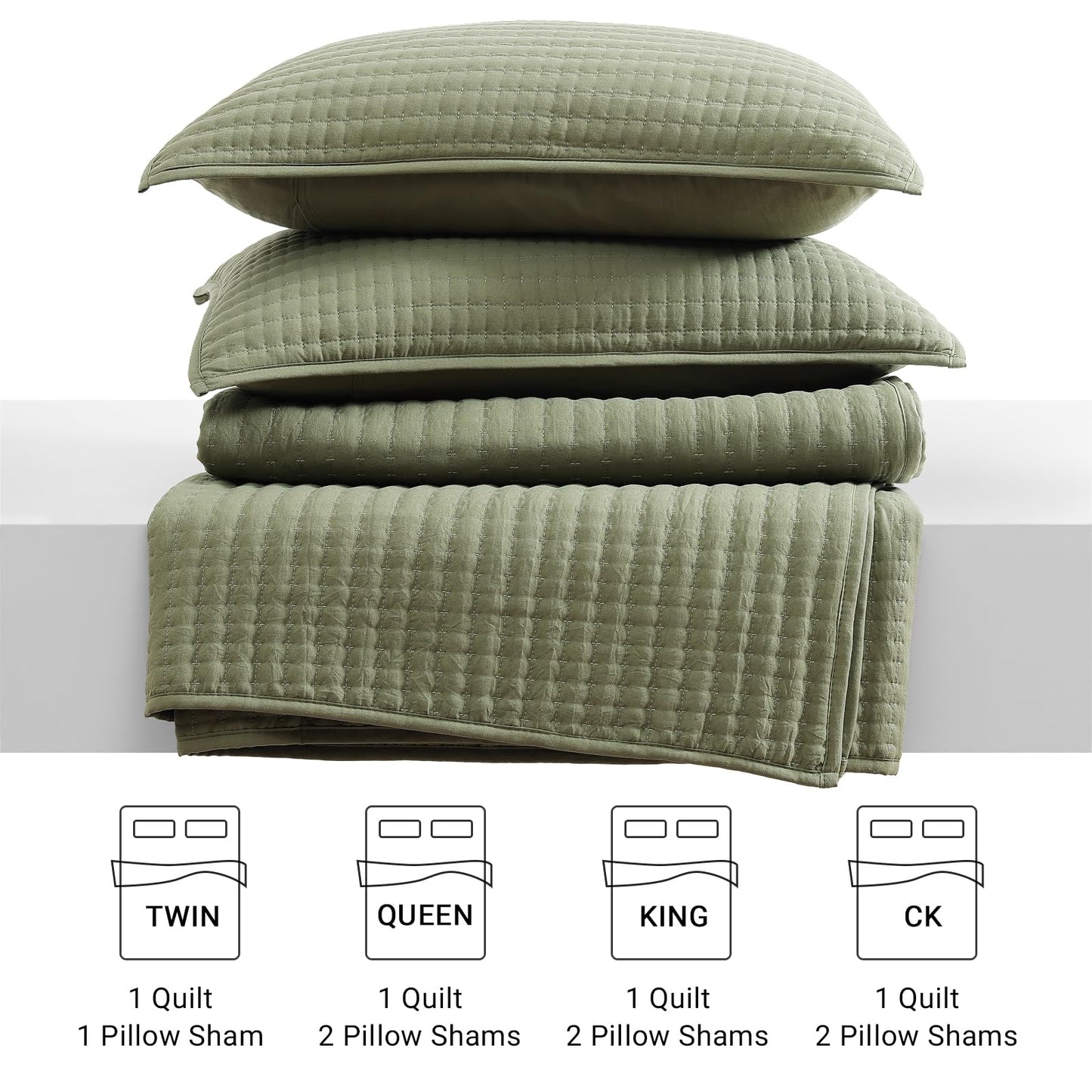 WRENSONGE Queen Quilt-3 Pieces Lightweight Bedspreads Olive Green Queen Size Quilt Bedding Set for All Seasons, Soft Summer Coverlet with 2 Pillow Shams Suitable for Bed & Couch