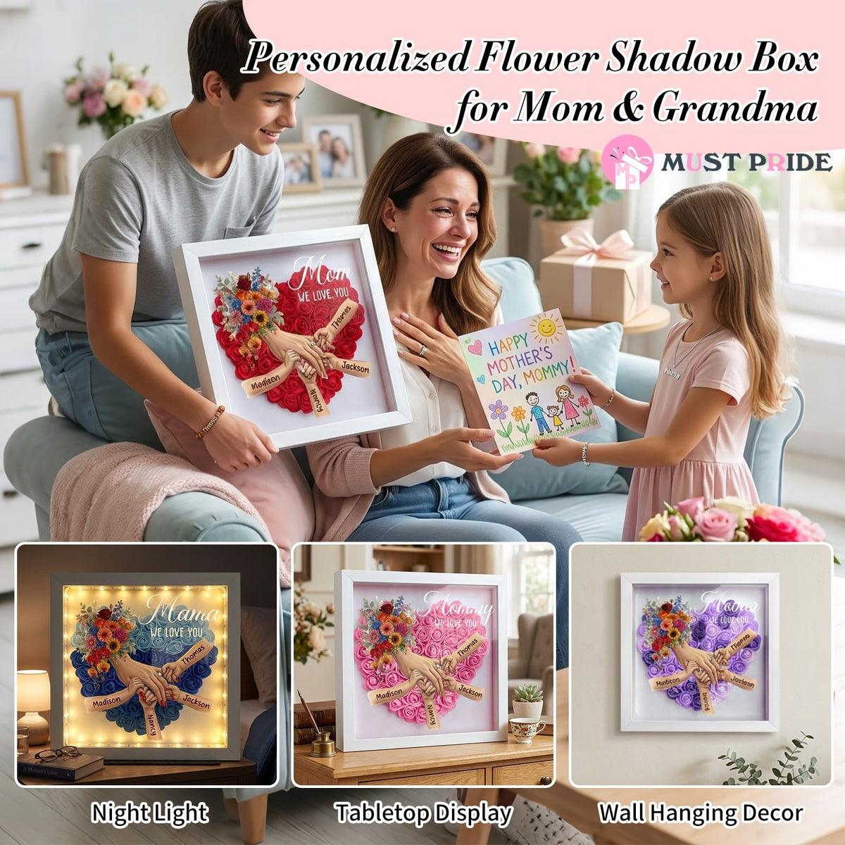 Custom Mom Flower Shadow Box with Kids Name for Mother's Day Personalized Eternal Flower Shadow Box with Text Mothers Day Anniversary Birthday Flower Gift for Mom Grandma