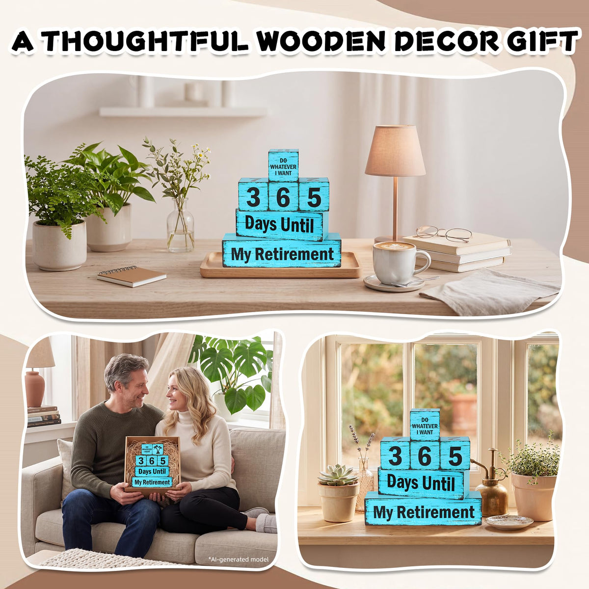 7 Pcs 365 Days Retirement Countdown Wooden Table Decor, Retire Activities Decision Dice Table Decorations for Home Office