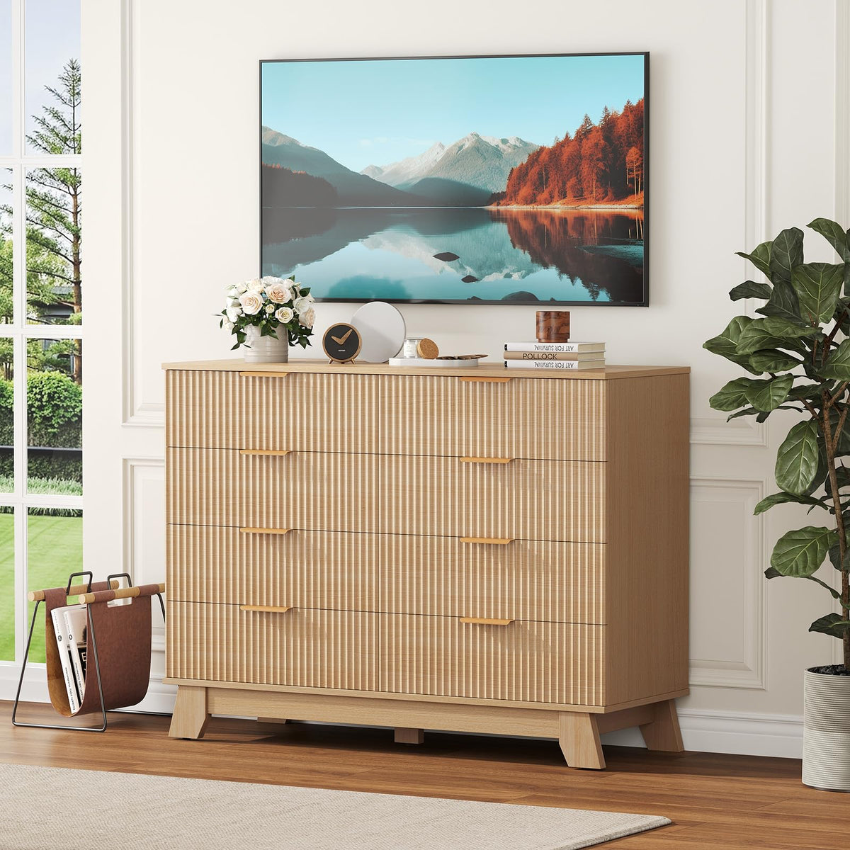 DUMOS Fluted 8 Drawer Dresser for Bedroom, 43.3" Wide Modern Chest of Drawers with Gold Metal Handles, Wooden Dresser TV Stand, Storage Organizer Unit for Living Room, Hallway, Natural Oak
