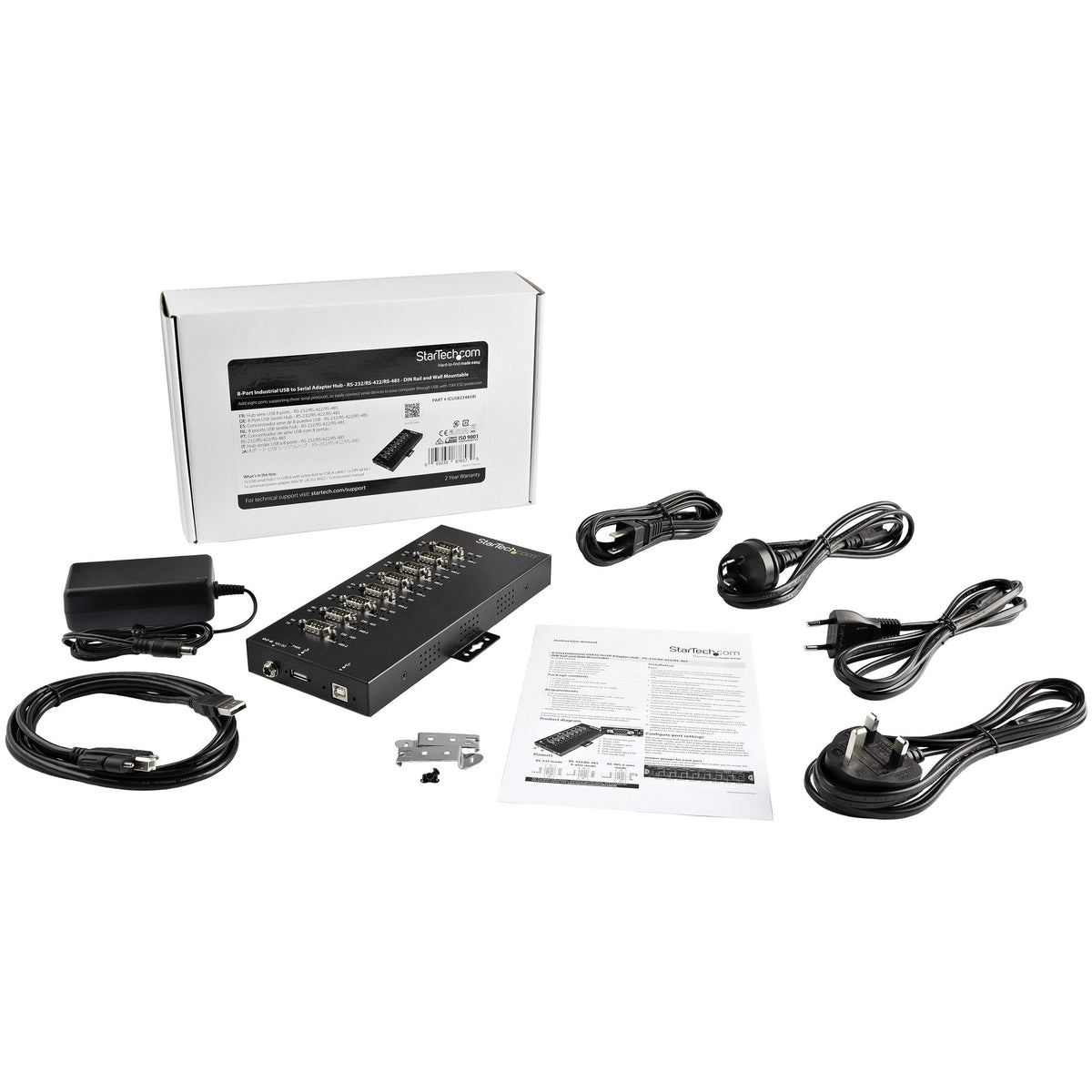 StarTech.com 8 Port Serial Hub USB to RS232/RS485/RS422 Adapter - Industrial USB 2.0 to DB9 Serial Converter Hub - IP30 Rated - Din Rail Mountable Metal Serial Hub - 15kV ESD Protection, TAA