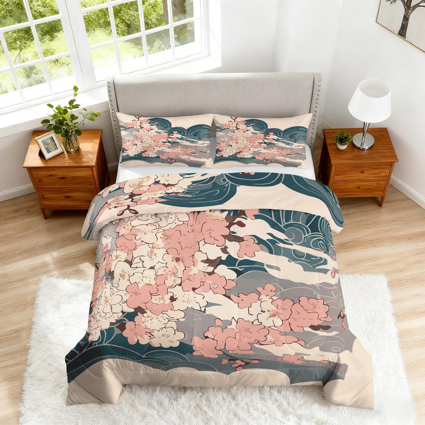 ZDABAOEC Japanese Twin Comforter Set 2 Piece, 1 Pillow Sham, Oriental Asian Japan Cherry Blossom Reversible Down Alternative All Season Bedding, Soft Microfiber, Japanese Bedroom Decor