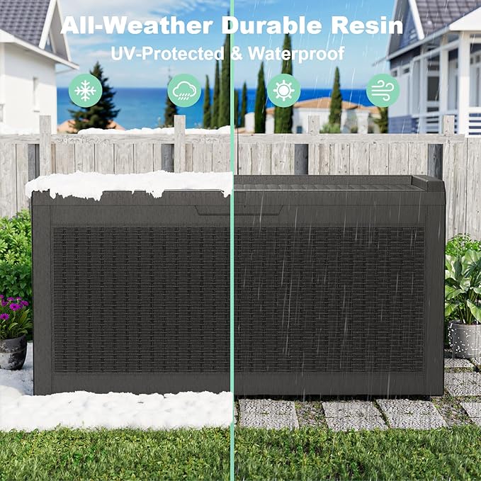DRATO 60 Gallon Deck Box, Waterproof Resin Large Outdoor Storgae Box for Patio Furniture, Patio Cushions, Gardening Tools, Pool Supplies, Lockable(Black,60 Gallon)