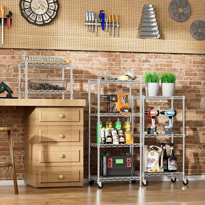 Xcity Storage Shelves, 2 Tier Heavy Duty Metal Shelving Unit with Wheels, 700 LBS Capacity Adjustable Steel Wire Shelf Organizer for Pantry, Kitchen, Garage, 14" D x 24" W x 20" H, Chrome