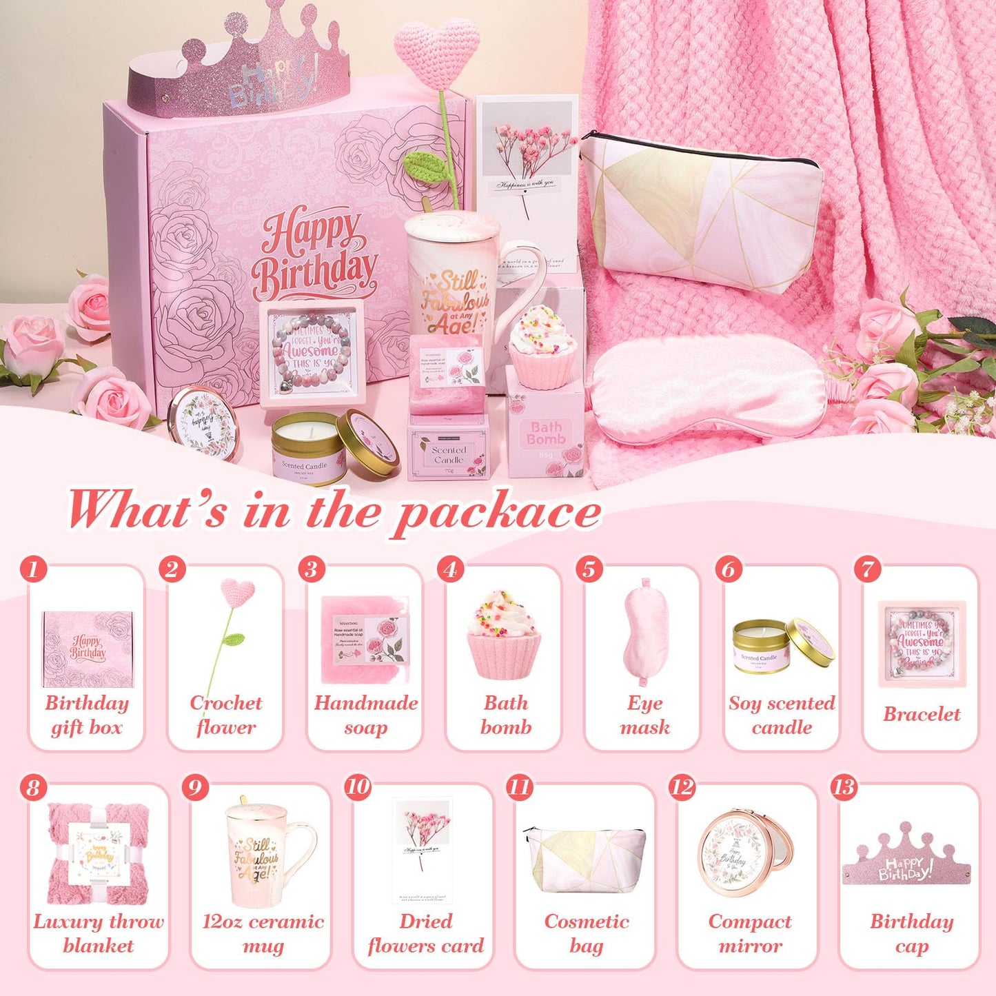 Birthday Gifts for Women Happy Birthday Gift Basket Unique Pink Birthday Gift Box for Women Relaxing Spa Self Care Gifts with Blanket for Mom Her Wife Grandma Girlfriend Coworker
