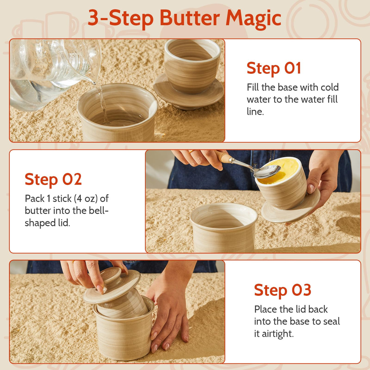 Sweese Hand-Painted Butter Crock with Water – French Butter Keeper Crock with Lid for Countertop, Artistic Design, Dishwasher & Microwave Safe, Gift-Ready-Light Grey