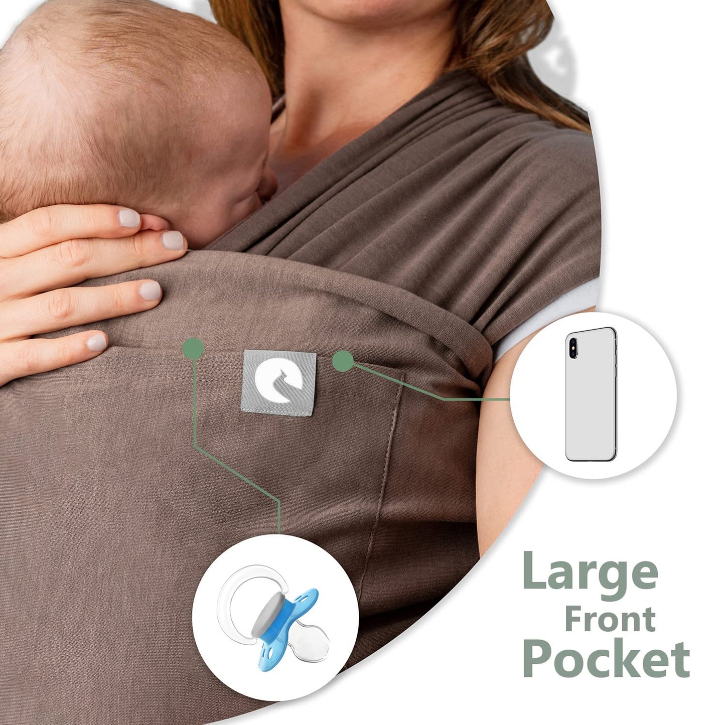 Baby Sling Wrap with Large Front Pocket - Naturally Soft Baby Wrap Carrier - Cotton Baby Sling Carrier From Birth - Baby Sling Newborn to Toddler Carrier - The Pocket Wrap™ by Trekki (Earth)