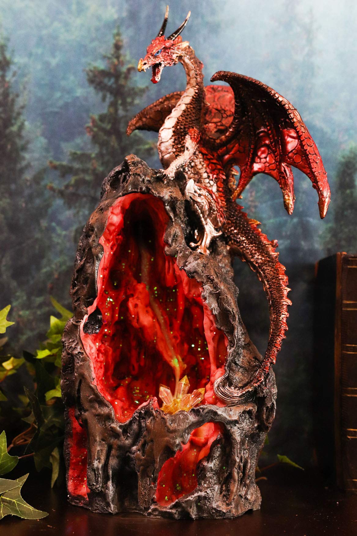 Ebros Red Ember Sapphire Quartz Dragon On Gemstone Geode Cave Mountain Statue 13" Tall with Backflow Incense Burner and Colorful LED Light Crystals Feature Fantasy Dungeons Dragons Decor Figurine