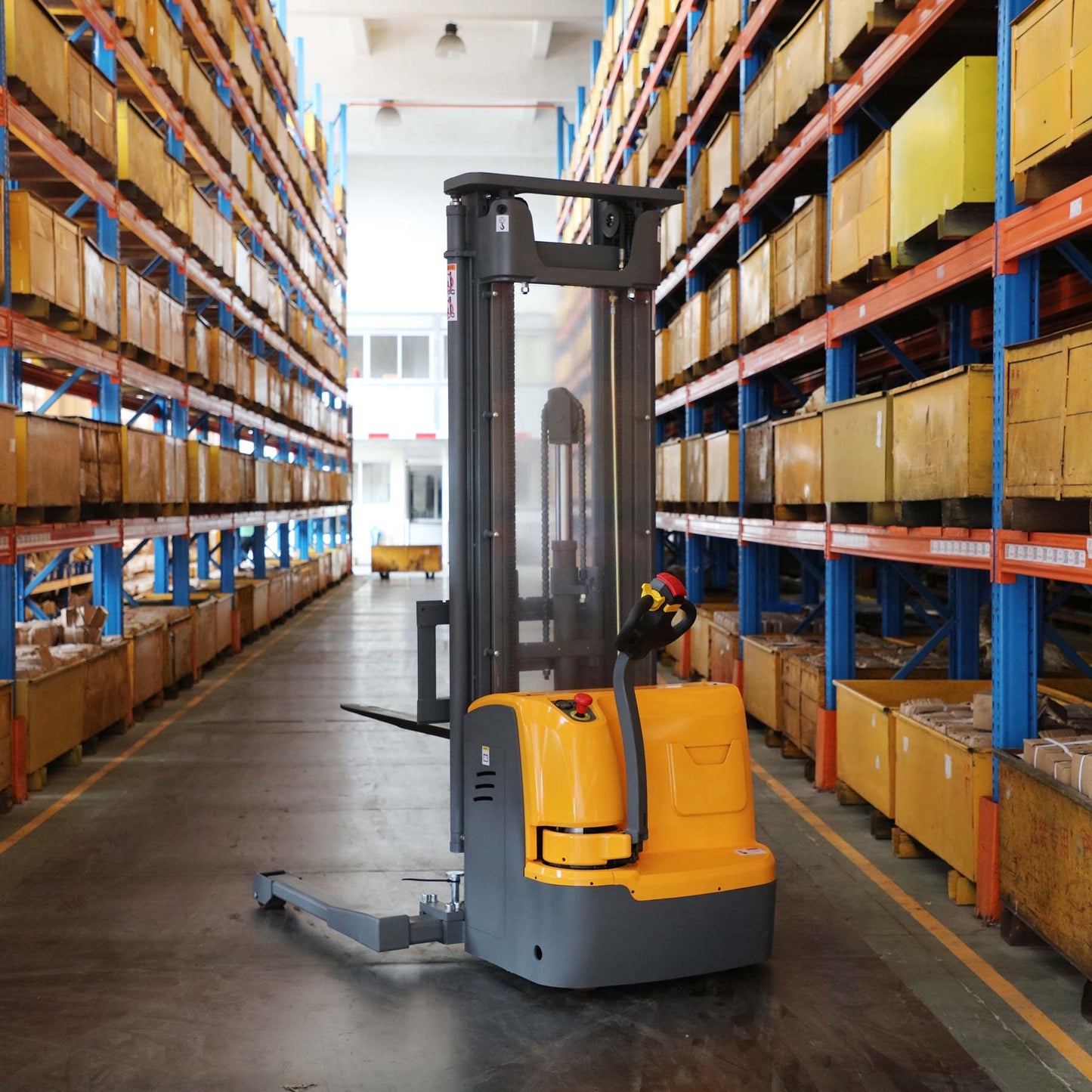 APOLLO Full Electric Pallet Stacker Powered Straddle Forklift with Straddle Legs 3300lbs Capacity 220''Lifting Height with Adjustable Forks Material Lifter