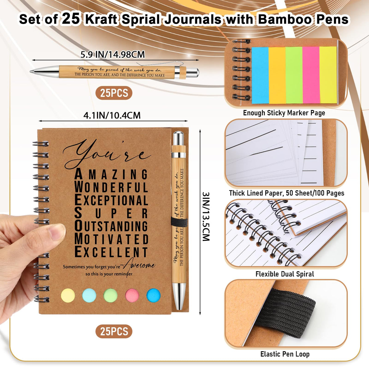 Jetec 25 Sets Employee Appreciation Gift Bulk Inspirational Spiral Notebook with Motivational Pen and Sticky Notepad Thank You Gifts for Volunteer Teacher Nurse Team Coworker (Amazing)