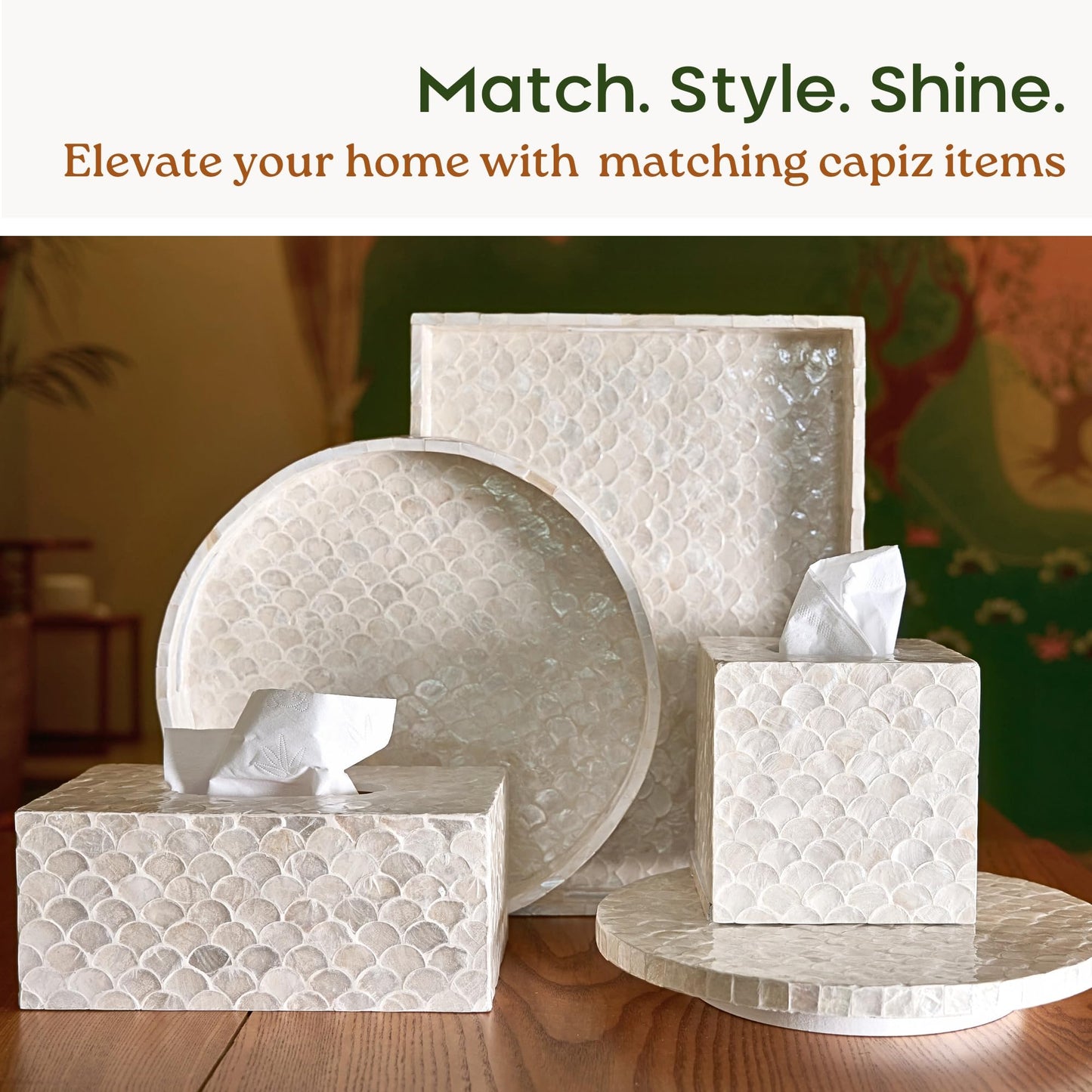 CHI AN HOME 5.5โ Capiz Tissue Box Cover, Square Decorative Tissue Holder with Bottom Slider, Handmade Bathroom Accessories, Elegant White Cube for Vanity, Bedroom, Office & Coastal Dรฉcor (Natural)