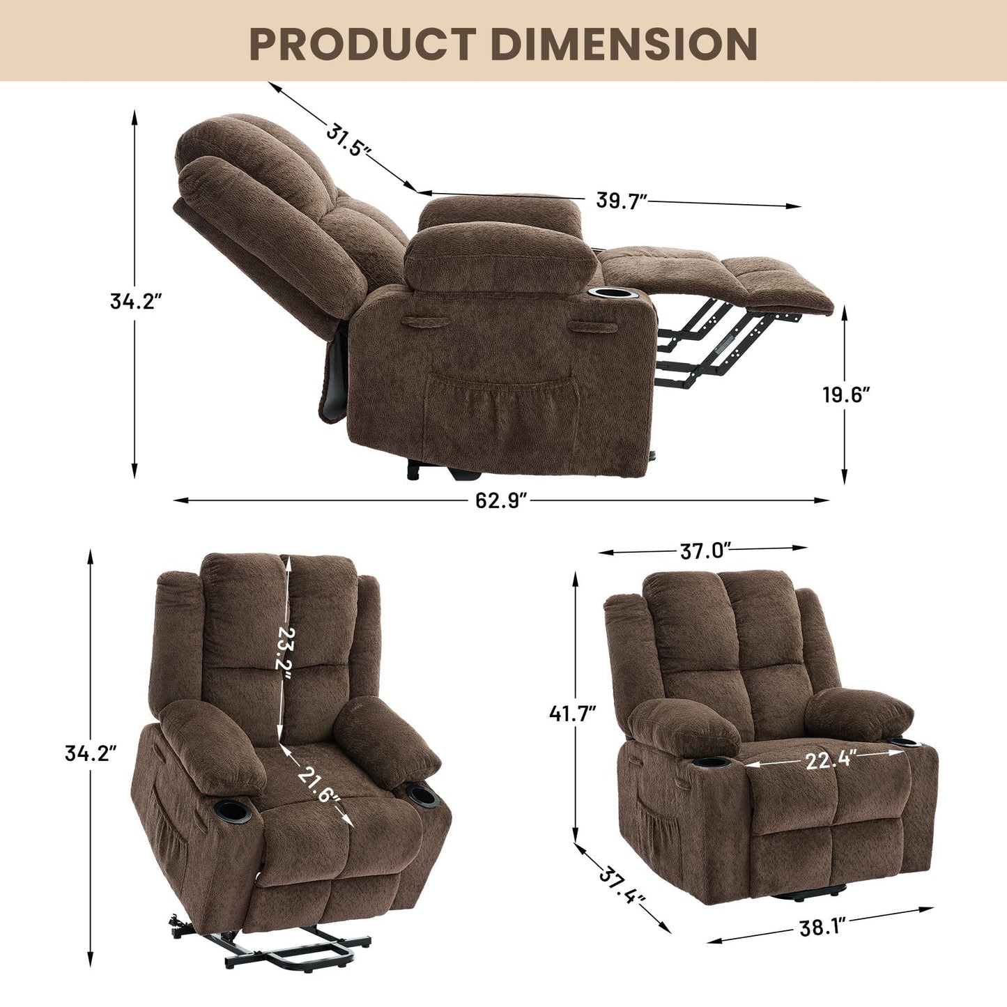 Garvee Power Lift Recliner Chair with Massage and Heat, Oversized Electric Lift Chair with Stand Assist, 155° Adjustable Lay Flat Recliner, 2 Cup Holders for Living Room