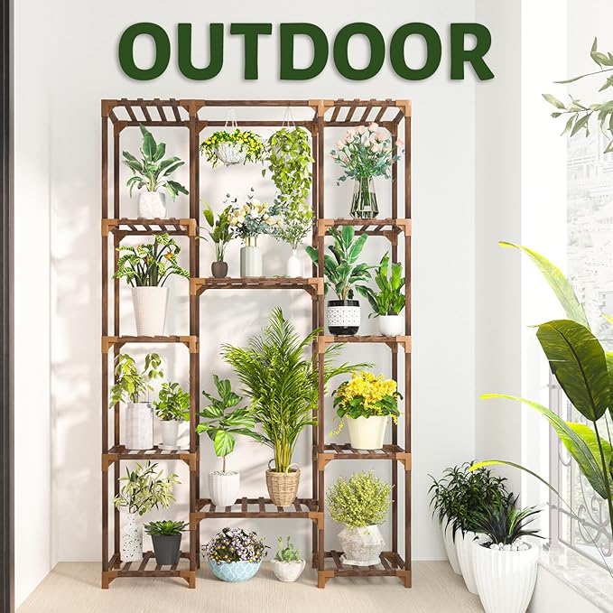 Uneedem Tall Indoor Outdoor Plant Stand - Large 12 Tier Plant Rack with Wooden Shelves for Room, Balcony, Garden, Patio