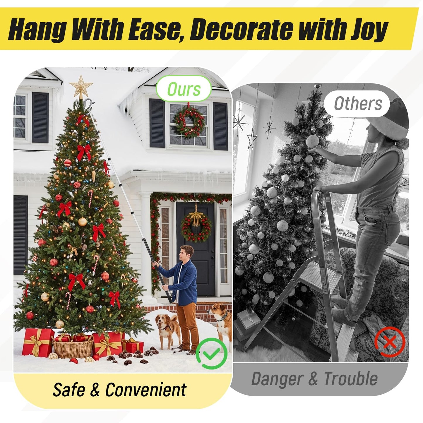 Leriton 7-36 ft Telescopic Extension Pole with Utility Hook, Multi-Purpose Aluminum Pole for Painting, Dusting and New Year Window Cleaning Christmas Lights Installation Without a Ladder (Black)