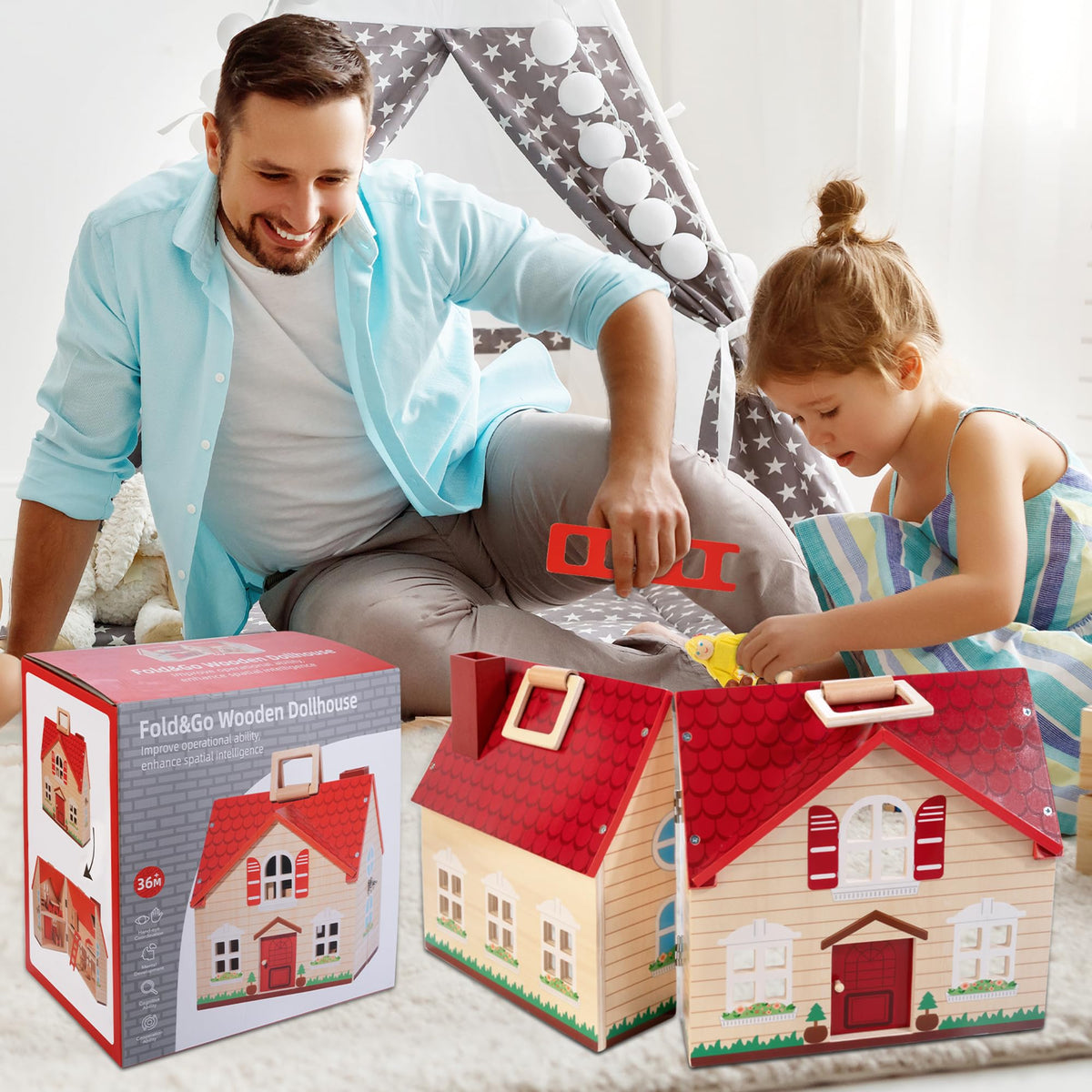 Foldable Wooden Dollhouse with 13PCS Furniture, 4 Rooms and 2 Flexible Dolls, Pretend Play Doll House Set with Portable Handle, Christmas Birthday Gift for Boys Girls Age 3+, Cottages