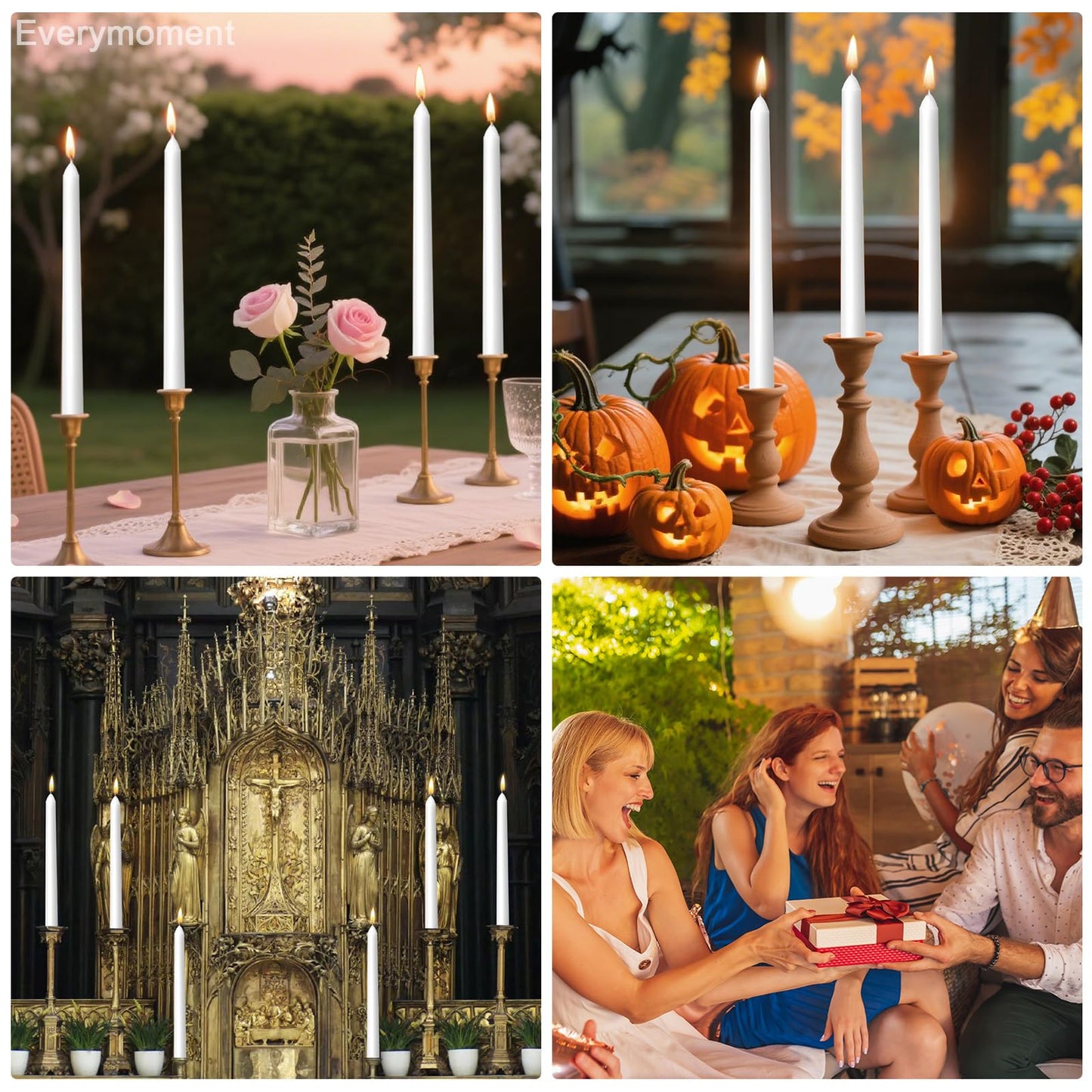 Everymoment White Taper Candles - 48 Pack 10 Inch Candlesticks - Dripless & Smokeless for 8 Hours - Unscented Paraffin Wax - Perfect for Wedding Christmas Halloween Holiday Dinner Table & Home Decor