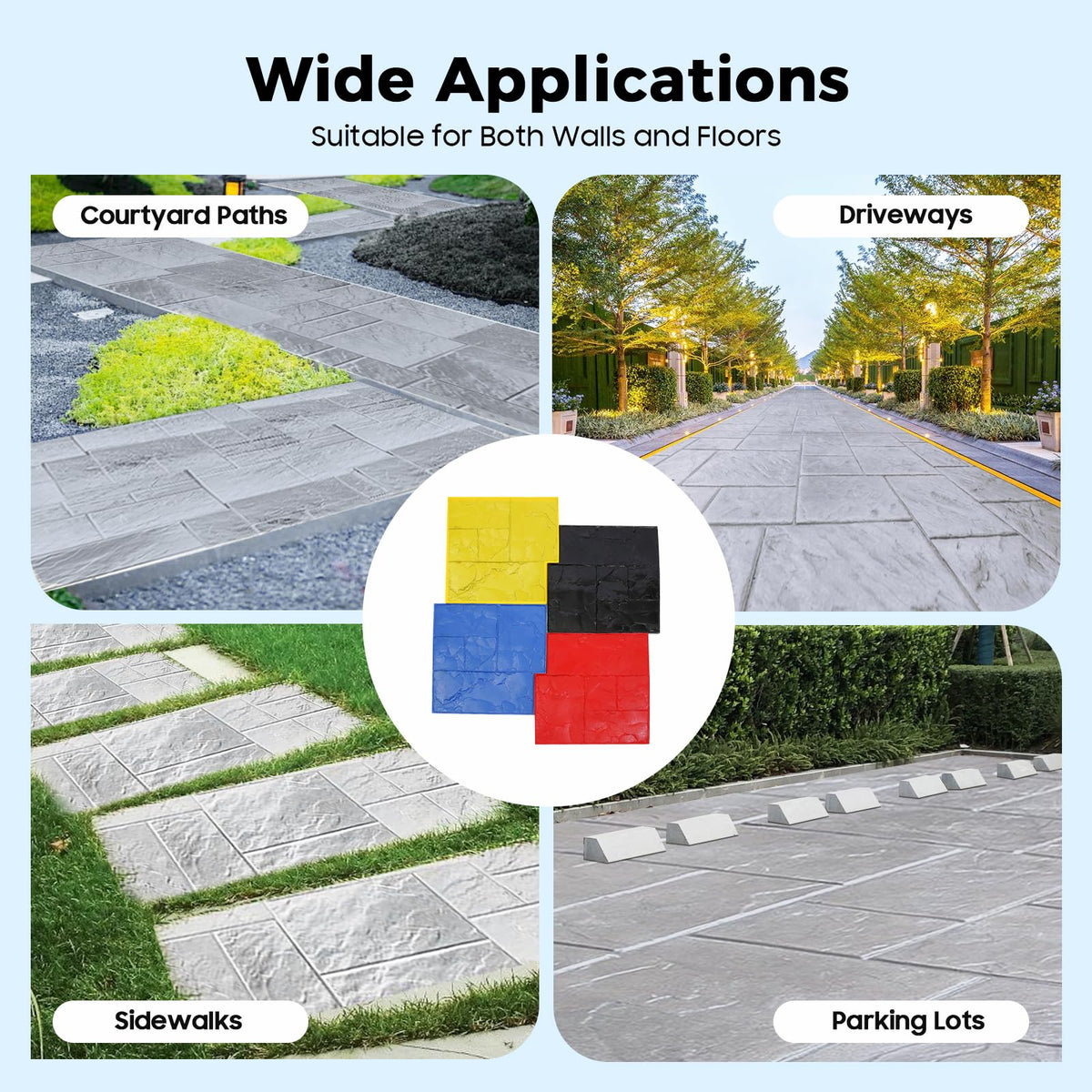 LNUJIUN 4 Pieces Concrete Stamps Mats Set 24"x24" Concrete Texturing Skin with Handles 0.7" Thickness Stone Texture Cement Stamps for Walls/Floors (4 Colors)