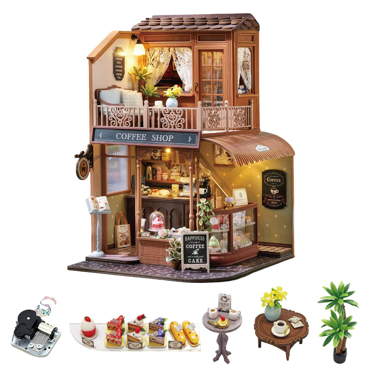 CUTEROOM Miniature House Kits for Adults,Mini Dollhouse Wooden Furniture Kit, DIY Craft Kits Creative Room Tiny House for Decoration- Coffee Shop