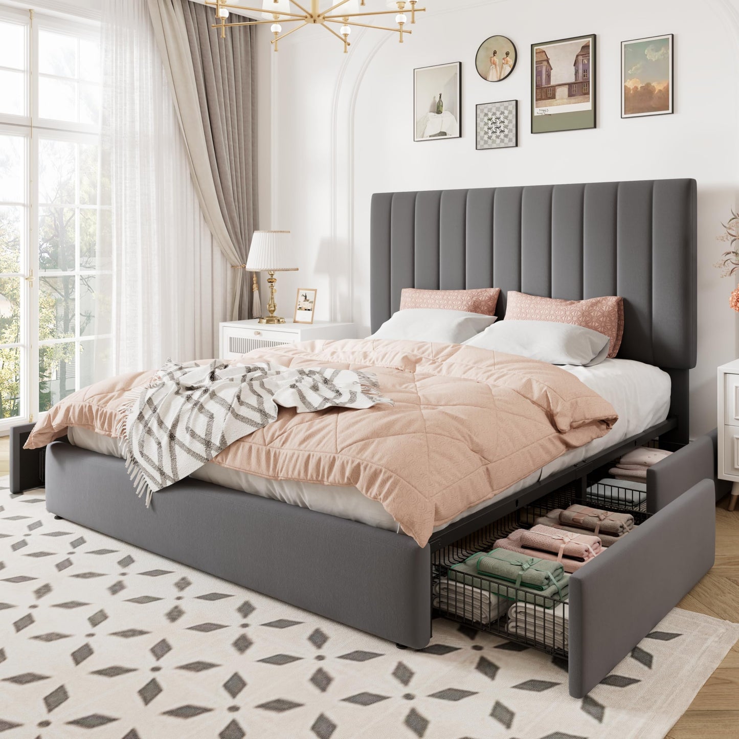 Allewie Queen Size Storage Bed Frame, Vertical Channel Tufted Adjustable Headboard, Velvet Upholstered Platform Bed with 4 Oversized Underbed Drawers, Wooden Slats Support, No Box Spring Needed, Grey