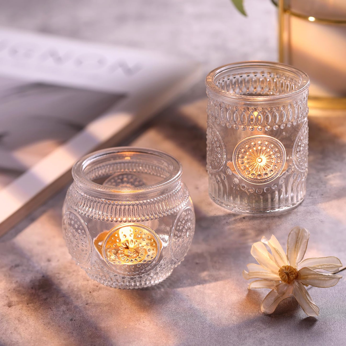 DARJEN 24Pcs Clear Votive Candle Holders - Glass Tea Light Candle Holder, Candle Holders Bulk, Embossed Candle Votives for Wedding Centerpiece & Home Decor