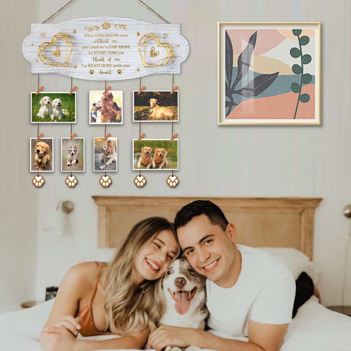EXQUIDECA White Golden Memorial Picture Collage Board with Clips Twine and Paw Pendant - Bereavement Sympathy Grieving Gifts for Loss of Dog - House Wall decor for Dog Lover