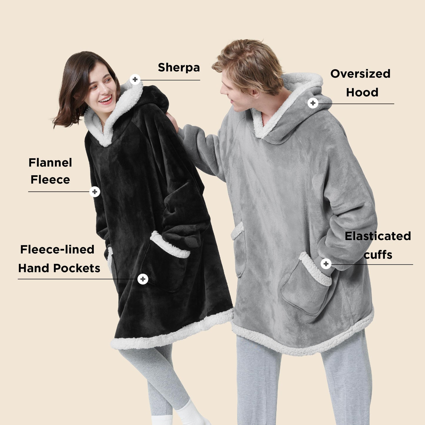 Bedsure Blanket Hoodie, Wearable Blanket Hoodie as Gifts for Mom, Birthday Gifts for Women Kids Teens Sherpa Sweatshirt, Grey, Standard