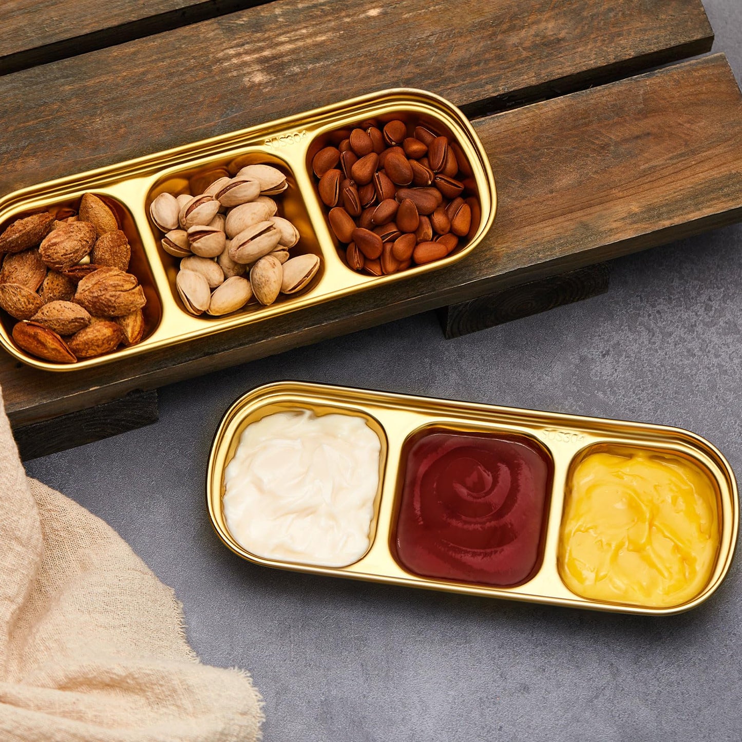 Maxcheck 12 Pcs Soy Sauce Dish Stainless Steel Divided Dip Bowls Korean 3 Compartment Sauce Plate Seasoning Dipping Condiment Tray for BBQ Vinegar Spice Salt Sugar Flavor Home Restaurant (Gold)
