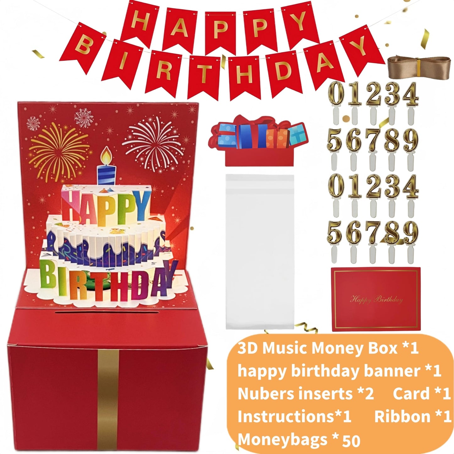 JINSTABAG Birthday Money Box for Cash Gift, Money Pull Box with Music Light 3D Cake and DIY Number Placard for Any Age, Birthday Decorations for Boys Girls Kids Adult (Red)