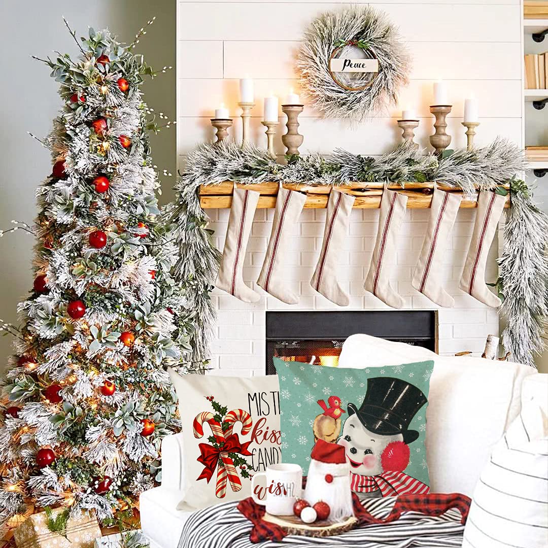 KACOPOL Christmas Decorations Pillow Covers 18×18 Set of 4 Snowflake Santa Snowman Deer Bird Candy Cane Xmas Rustic Winter Holiday Throw Pillows Farmhouse Christmas Decor Cushion Cases (18"x18")