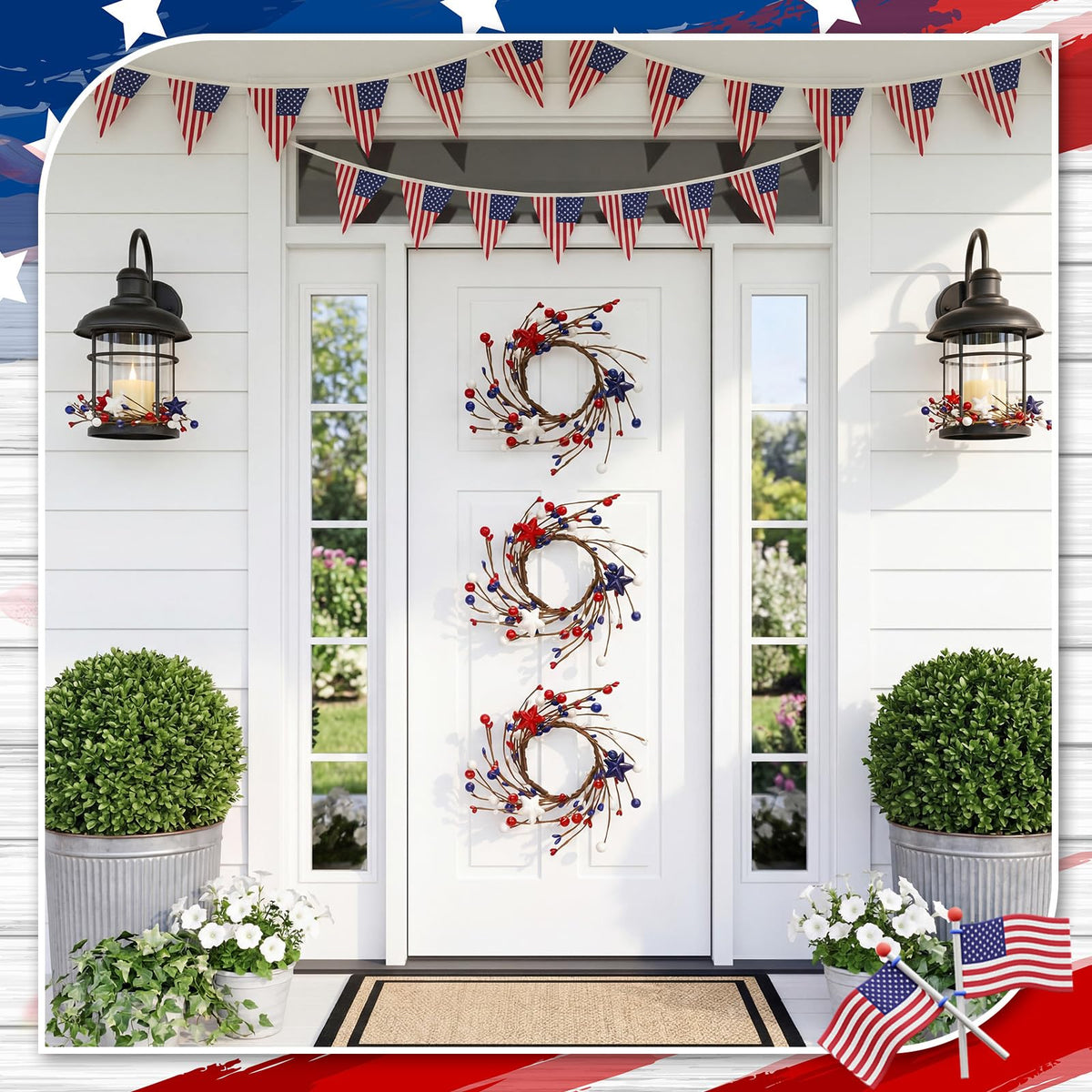 Yunlly 4 Pcs Independence Day Candle Wreaths Rings Five-Pointed Star and Berry Candle Holder Rings with LED Flameless Candles, 9.5" Wide for Wedding Windows 4th of July Table Centerpieces