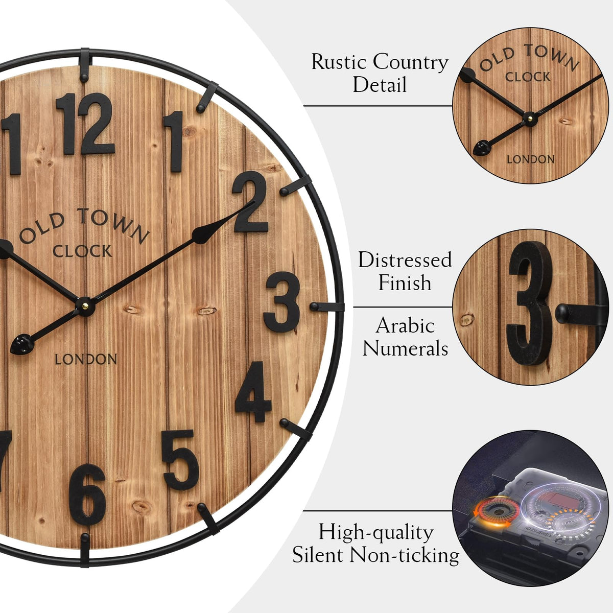 EMAX HOME Large Old Town Farmhouse Wall Clock 24 Inch Rustic Antique Wood with Metal Circle and Large Numerals Silent Battery Operated Wall Clock for Office Kitchen Bedroom Living Room