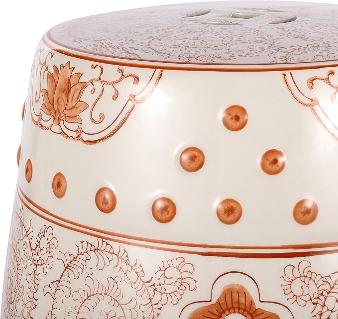 JONATHAN Y TBL1013D Double Happiness 18" Chinoiserie Ceramic Drum Indoor/Outdoor Garden Stool Bohemian, Coastal, Classic, Cottage, Traditional, Patio, Garden, Bathroom, Living Room, Orange/White