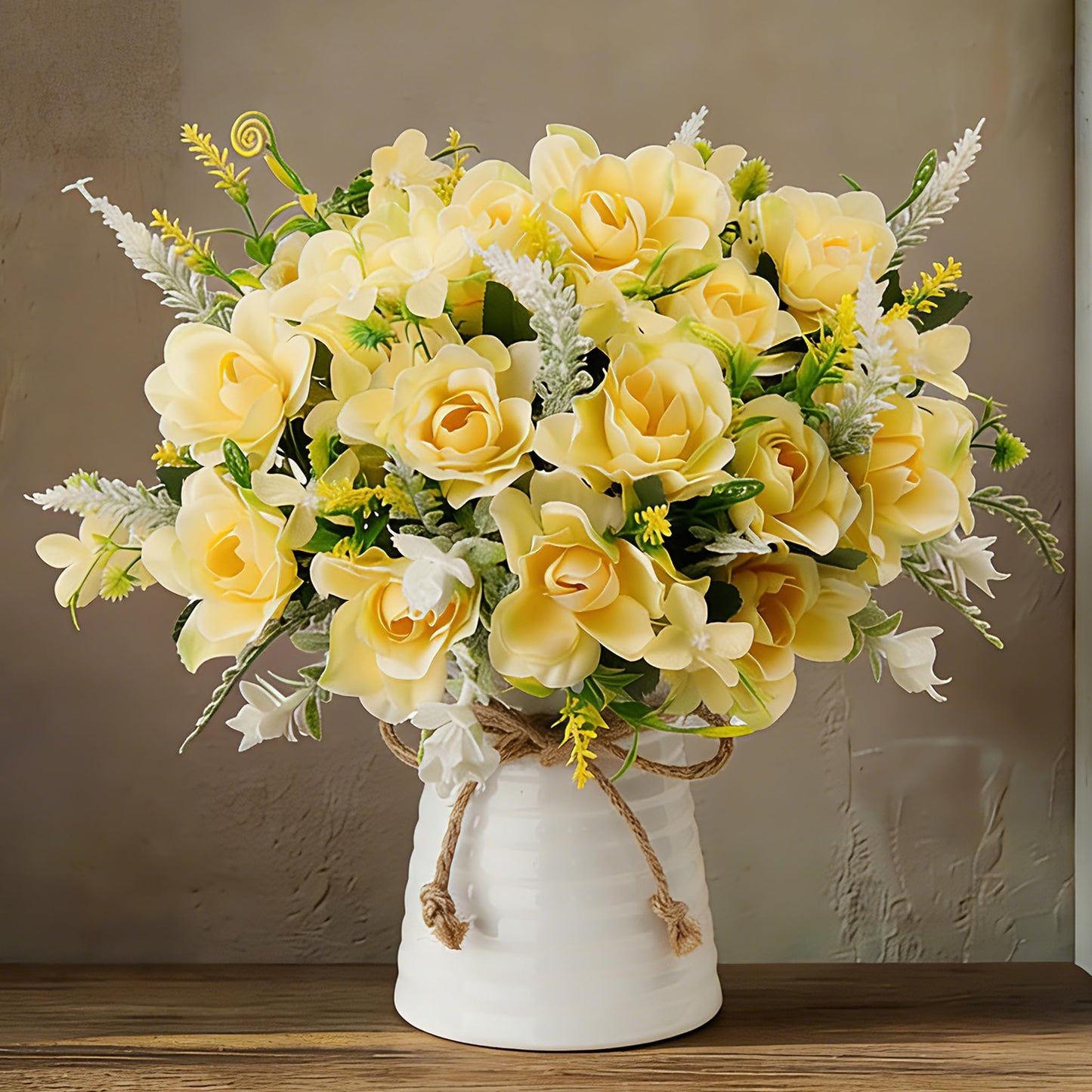 LESING Artificial Flowers with Vase for Table Centerpieces,Fake Silk Gardenia Flower in Vase Decoration for Home Office Party (Champagne)