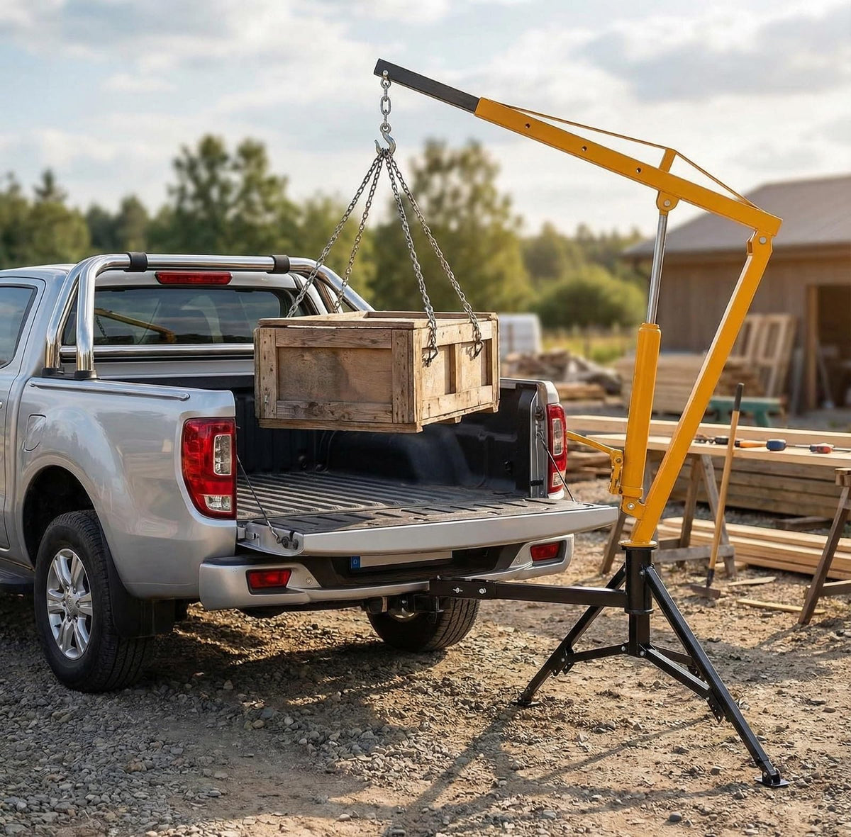 GarveeLife 1000 LBS Hydraulic Pickup Truck Crane, 360° Swivel Hitch Mounted Hoist with 3 Adjustable Booms, Truck Bed Crane for Lifting Engine, Deer, or Construction Goods-Yellow