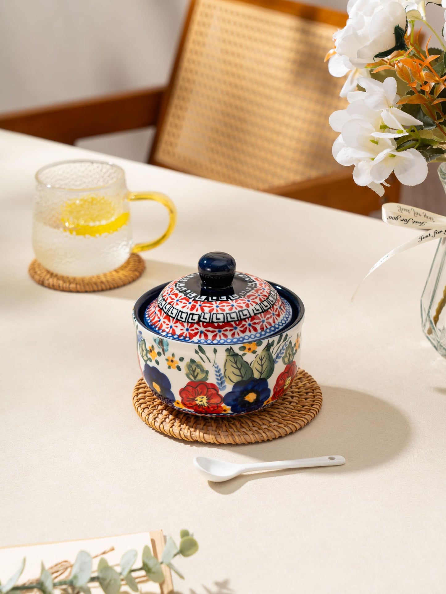 silesia Handmade Sugar Bowl with Lid and Spoon, 10 Ounce Ceramic Hand-Painted Sugar Jar for Kitchen in Gift Box, Kitchen Decor, Oven, Dishwasher & Microwave Safe, Polish Garden