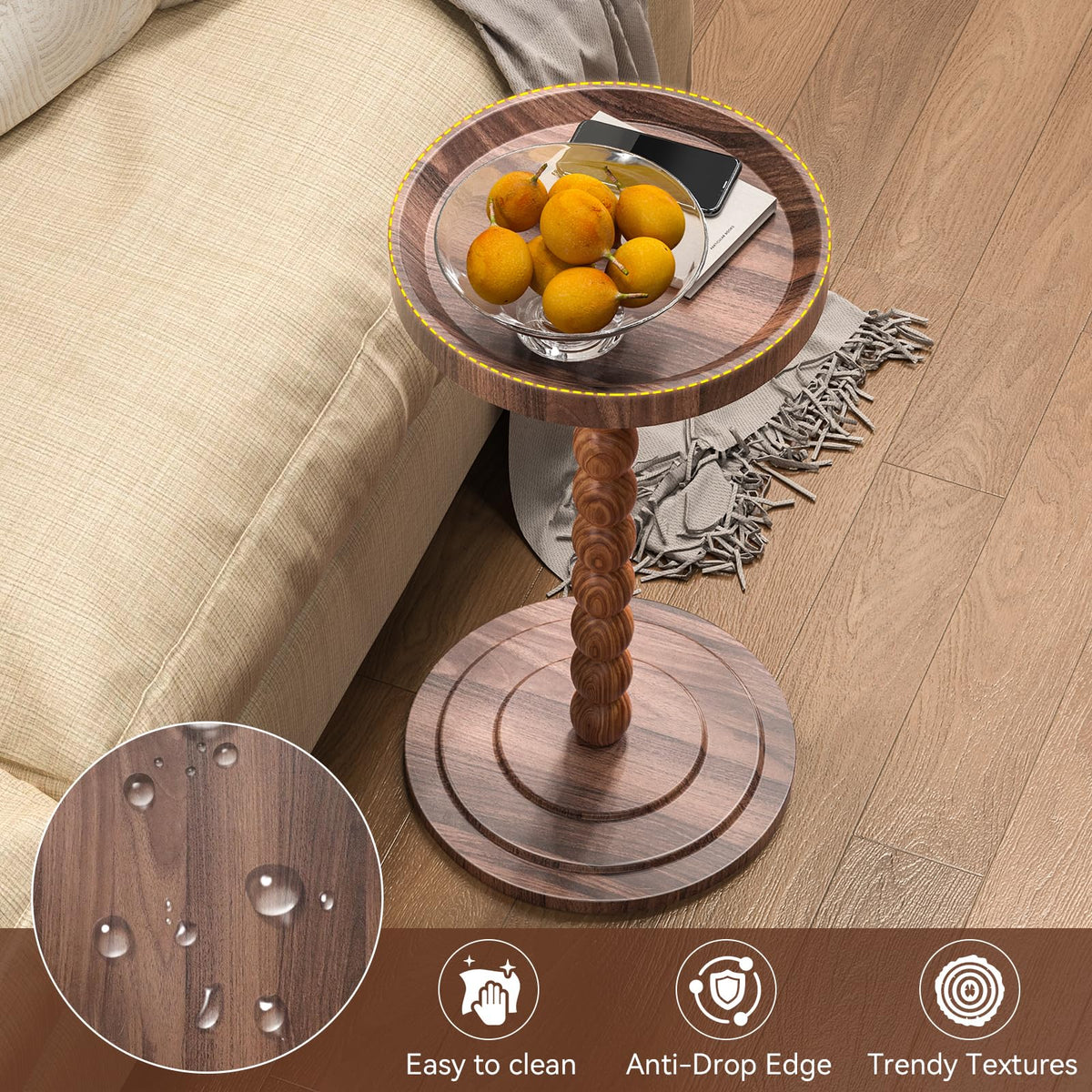 XNSDXV Round Side Table with Solid Wood Leg, Small Drink Table for Small Spaces, Martini Table with Raised Edge, Pedestal Side Table for Living Room, Bedroom,Sofa and Couch (Walnut Brown)