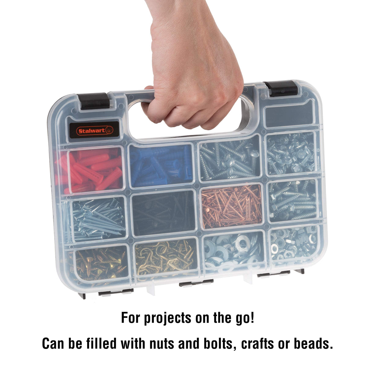 Hardware Organizer Box with Dividers - 14 Compartment Small Parts Organizer Portable Tool Box Organizer with Secure Latches - Plastic Screw Organizer Box for Nuts, Beads, Jewelry or Tackle by Stalwart
