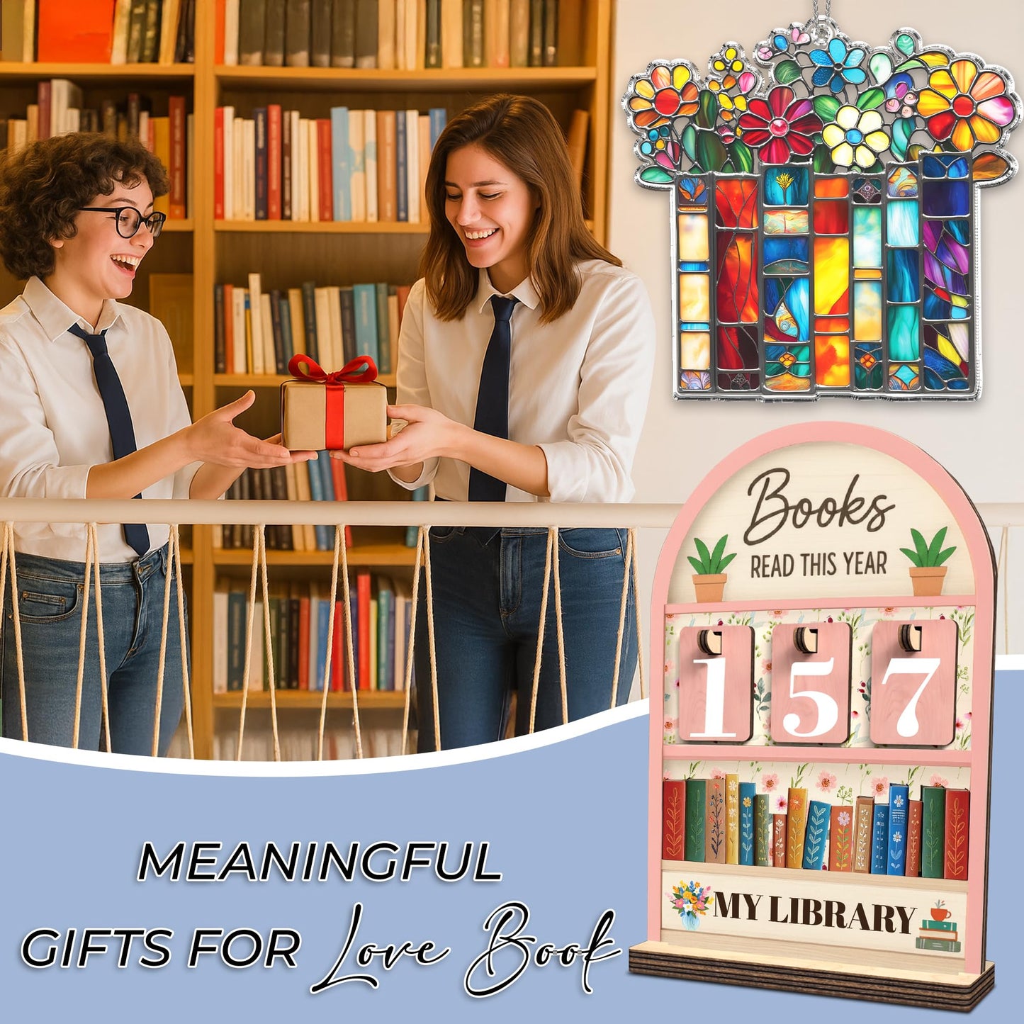 Pink Books Read This Year Counter, Reading Tracker Sign for Home Library Decor, Book Suncatcher Ornament, Book Lover Gift for Librarian, Reader, Teacher, Women, Floral Bookshelf Accessories FF812