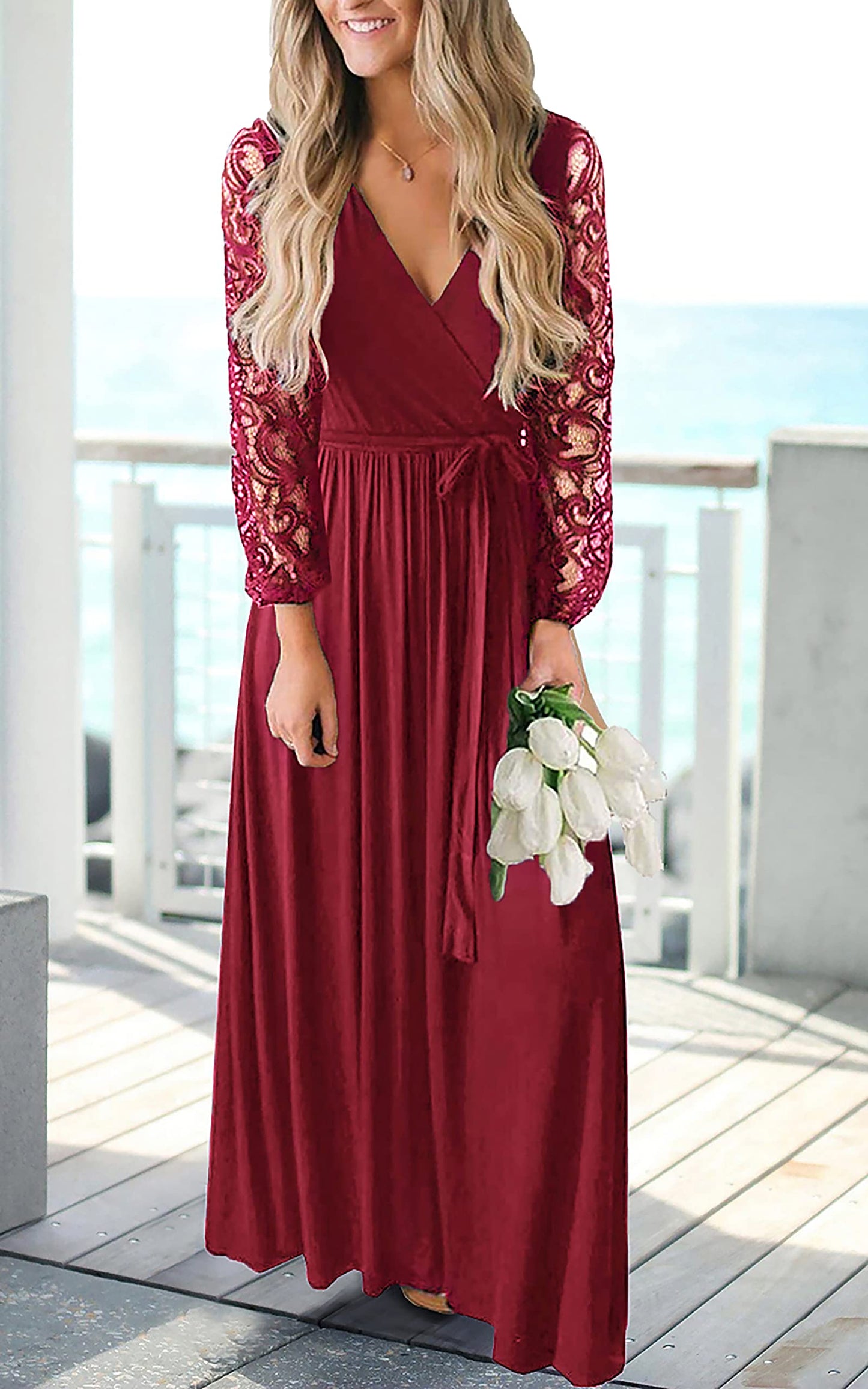 Kranda Christmas Dress Women's Casual Floral Lace Long Sleeve Faux Wrap V Neck Bridesmaid Maxi Dress Wine Red M
