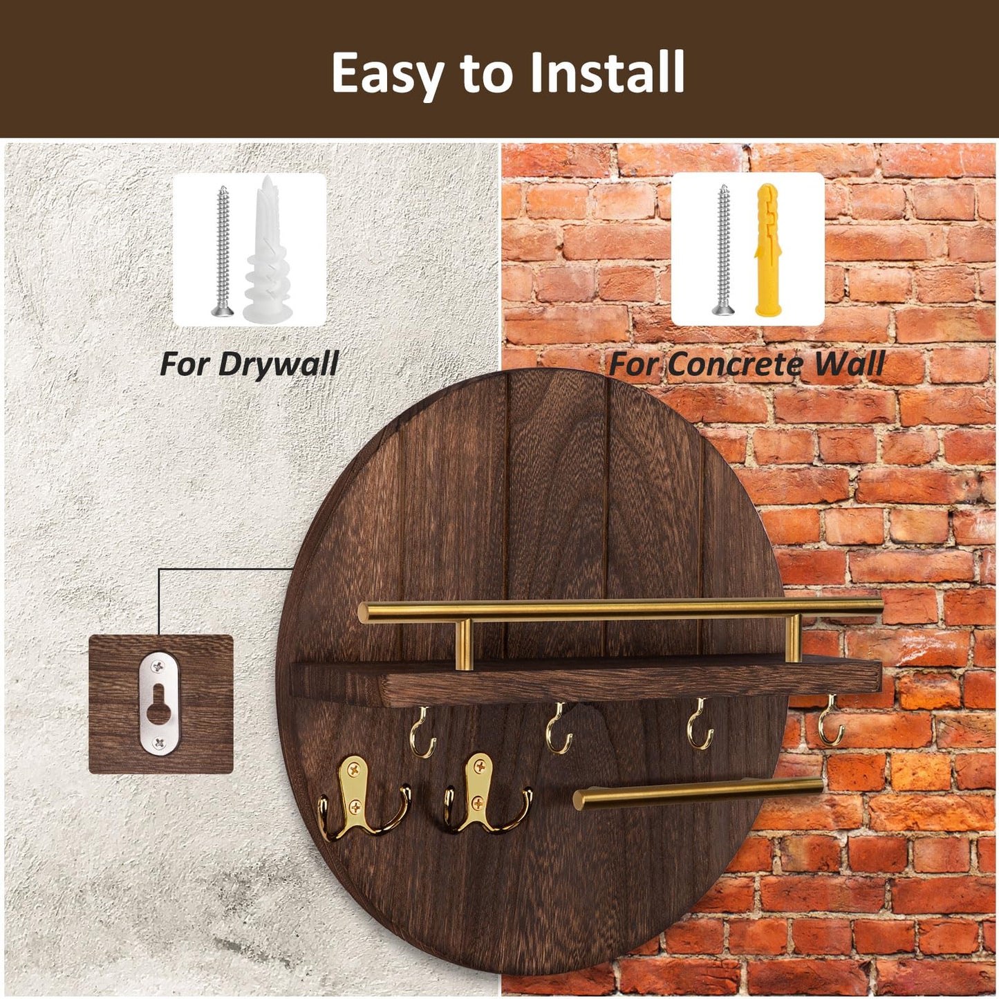 Nekon Key Holder Wall Mount, 11.8 Inch Rack With Shelf and 6 Hooks, Rustic Mail Organizer, Circular Wooden Hanger for Entryway Hallway Kitchen (Brown&Gold)