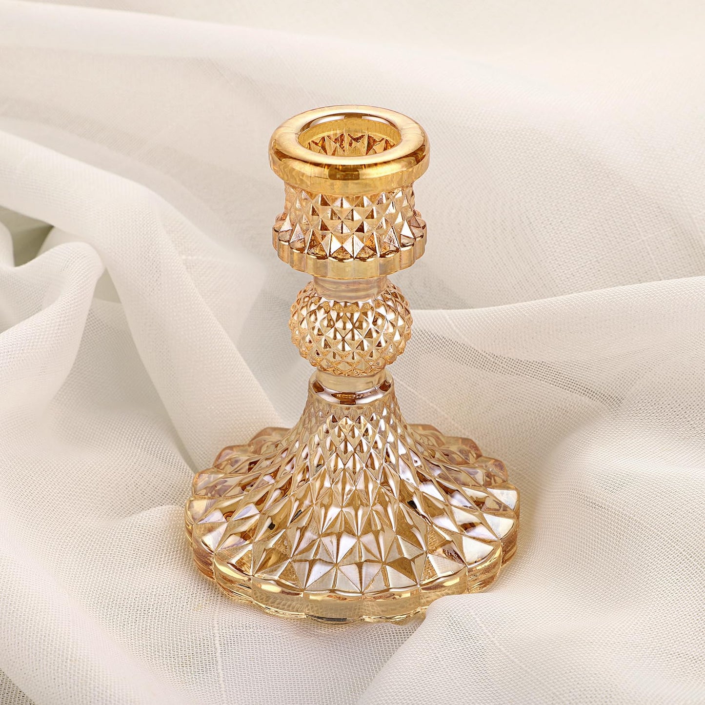 OwnMy Set of 2 Gold Glass Taper Candle Holders Decorative Glass Candlestick Holders, Modern Taper Candle Stands Candlesticks for Dining Table Centerpieces Wedding Church Decor
