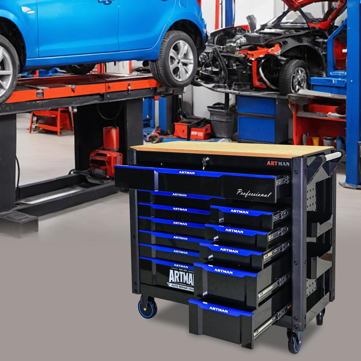 Heavy Duty Rolling Tool Chest with 12-Drawer Tool Cart Mechanic Tool Box with Wheels Tool Storage Cabinet Mobile Workbench Tool Bench for Garage, Workshop, Warehouse, Repair Shop, Wood Top