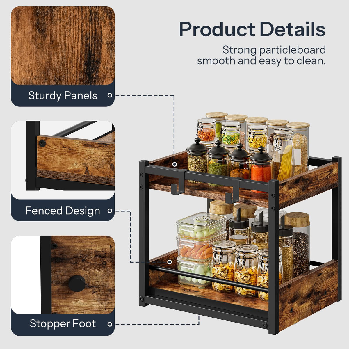 HOOBRO Kitchen Countertop Organizer, Corner Shelf Organizer, 2-Tier Spice Rack with Pull-Out Shelf and Hooks, for Kitchen, Office, Study, Bedroom, Living Room, Rustic Brown and Black BF08TL01