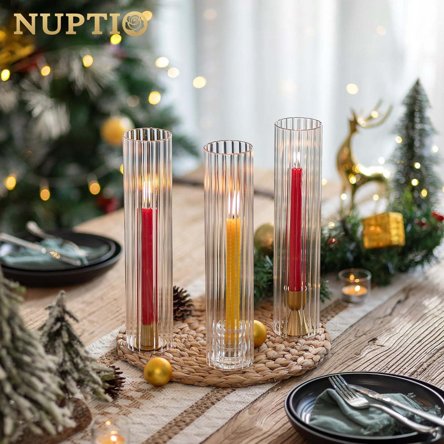 NUPTIO Hurricane Candle Holder Fluted: 2.5 x 12 inches Ribbed Glass Shade for Candlestick - Bulk Decorative Bottomless Cylinder Taper Candle Cover for Outdoor Table Centerpiece