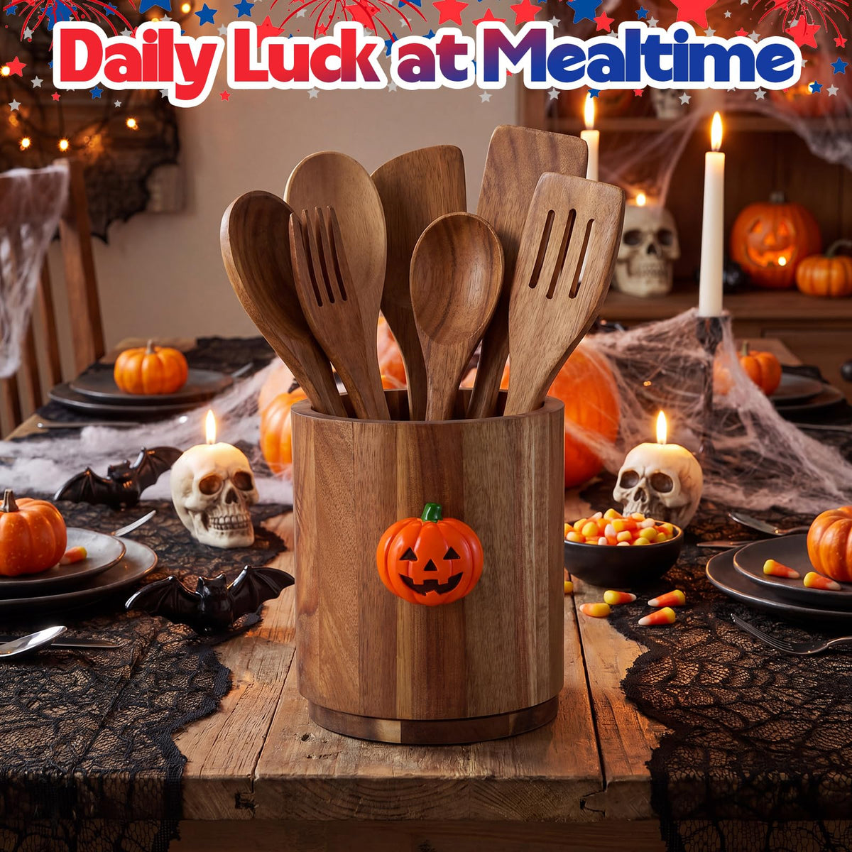Roowest Seasonal Kitchen Decoration Interchangeable Acacia Wood Utensil Holder for Kitchen Counter 360° Rotating 6.7" Wooden Cooking Utensil Crock with Magnetic Ornament for Countertop Farmhouse
